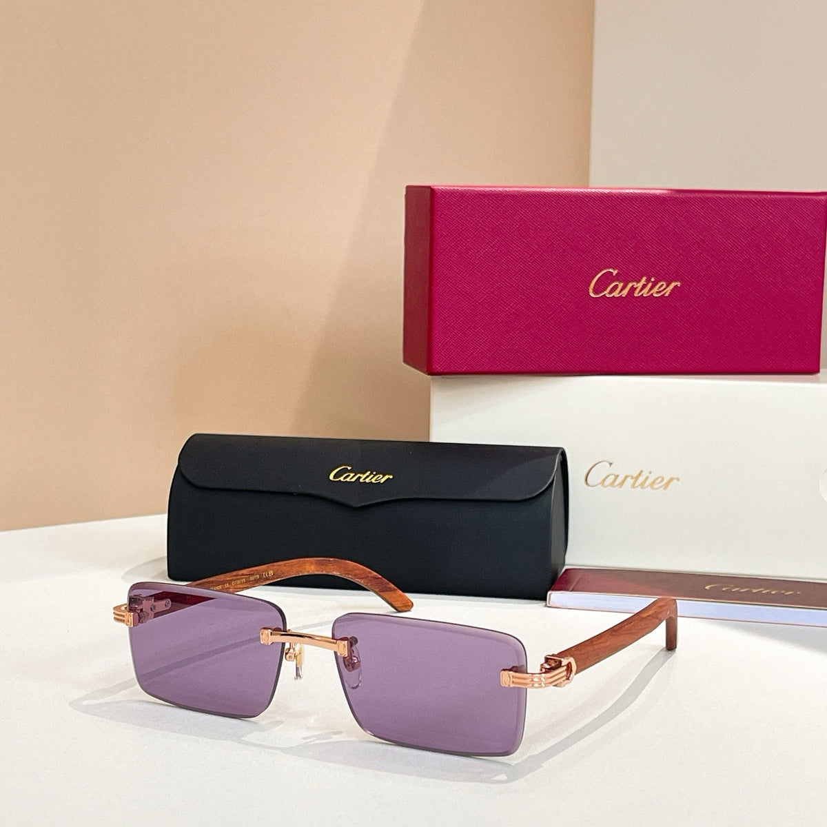 CARTIER RIMLESS RECTANGULAR FRAME SUNGLASSES CT0619S IN METAL AND WOODEN