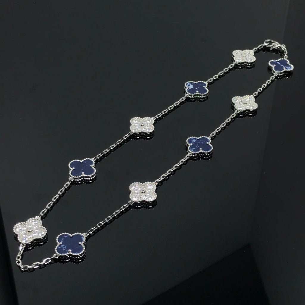 Van Cleef & Arpels CLOVER 10 MOTIF SILVER PIETERSITE MOP DIAMOND NECKLACE