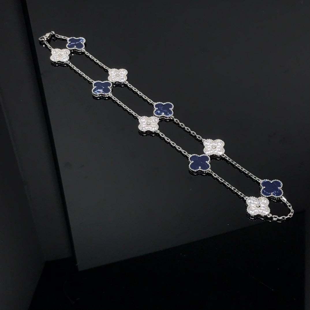 Van Cleef & Arpels CLOVER 10 MOTIF SILVER PIETERSITE MOP DIAMOND NECKLACE