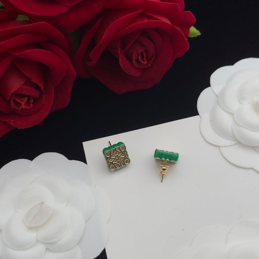 LOEWE ANAGRAM GREEN GOLD STUD EARRINGS