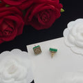 LOEWE ANAGRAM GREEN GOLD STUD EARRINGS