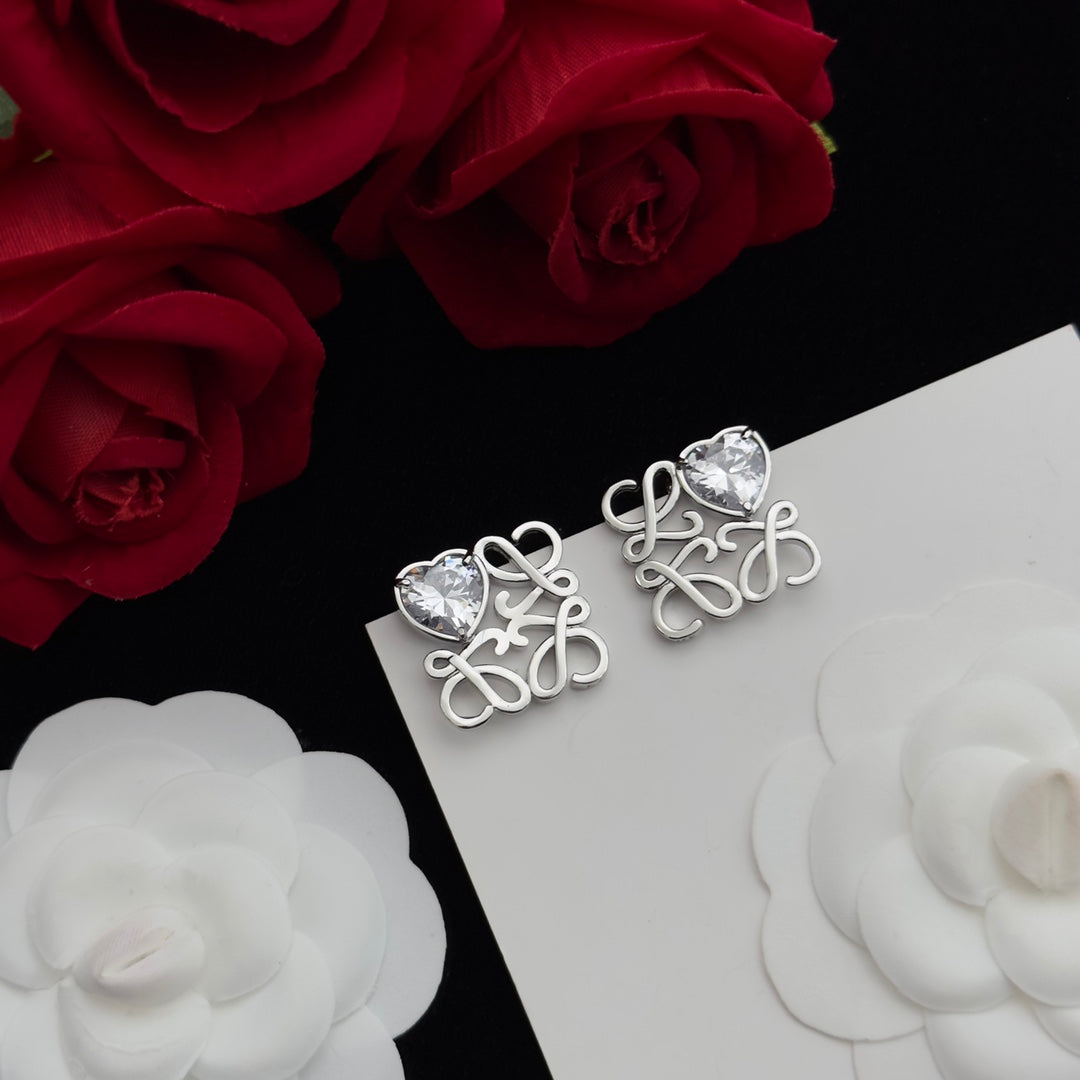 LOEWE ANAGRAM HEART DIAMOND STUD EARRINGS