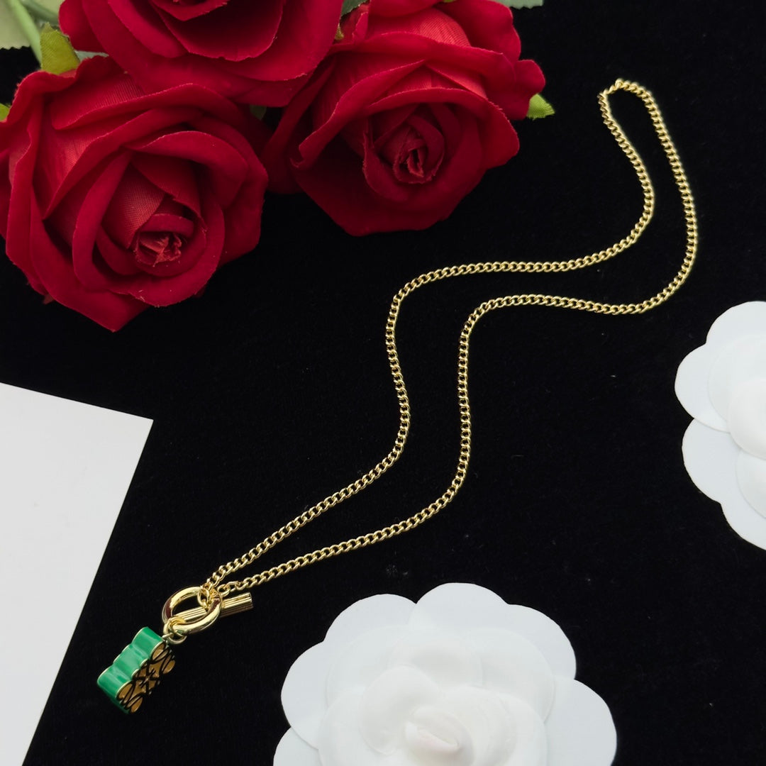 LOEWE ANAGRAM GREEN GOLD NECKLACE